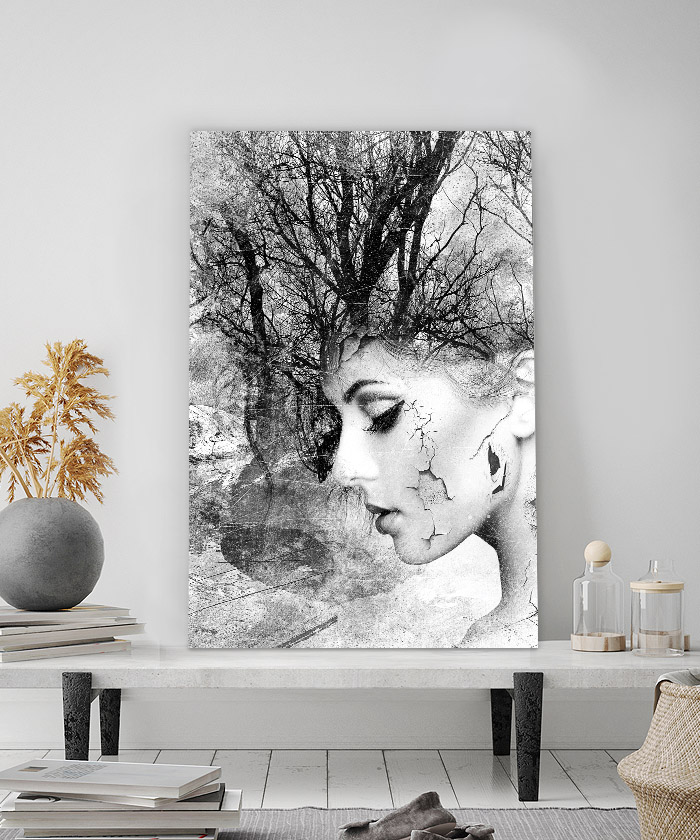 Tableau déco portrait femme branche - noir et blanc