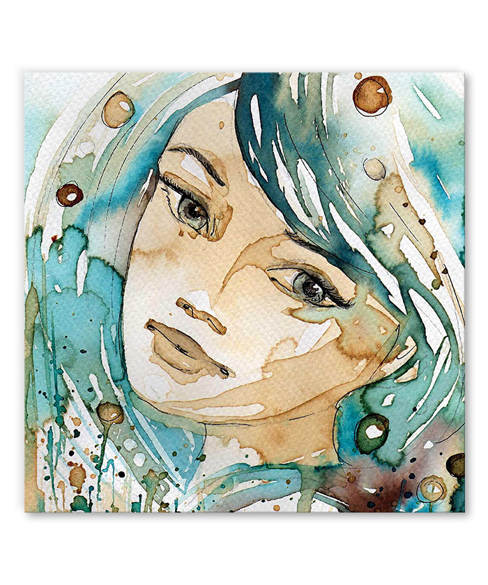 tableau portrait femme aquarelle turquoise