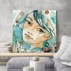 tableau portrait femme aquarelle turquoise