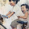 tableau street art 2 enfants sur un vélo George Town Penang