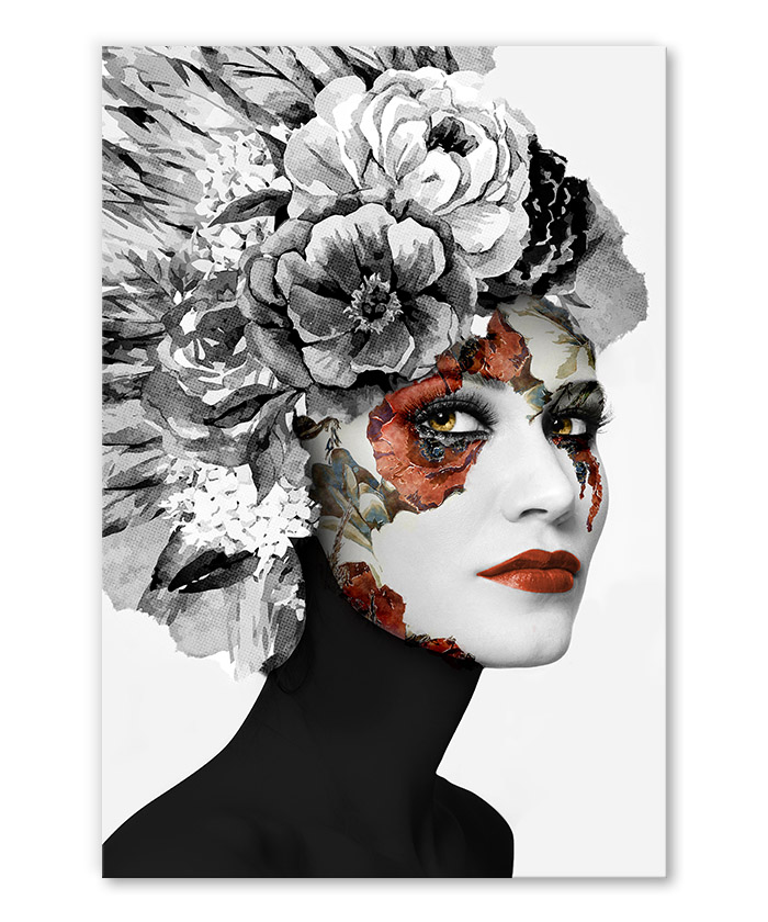 tableau portrait femme florale noir et blanc