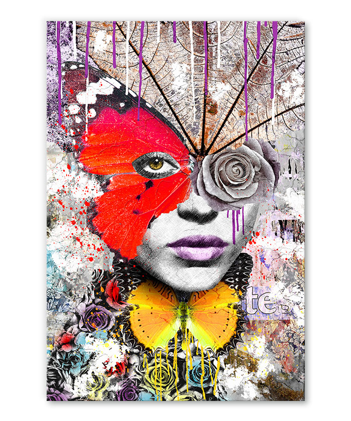 Tableau portrait street art Femme papillon sauvage