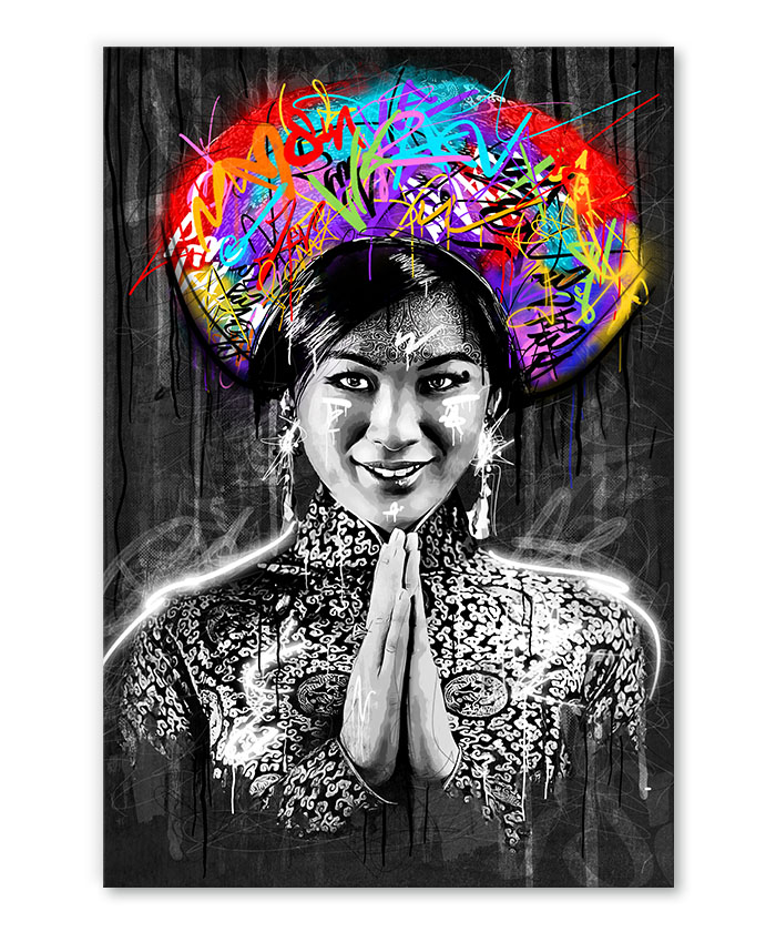 tableau portrait femme birmane asiatique street art
