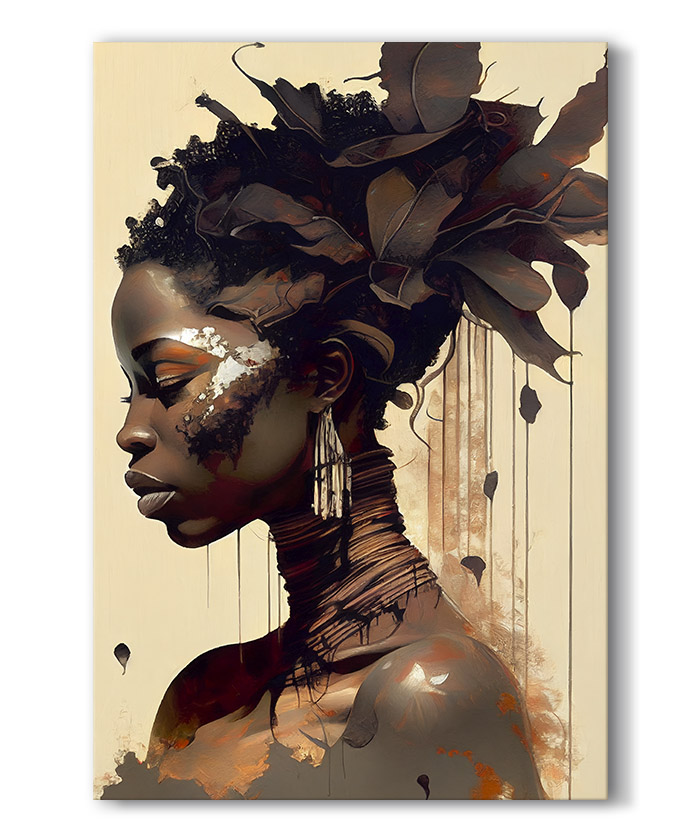 tableau peinture portrait femme africaine chevelure de feuilles