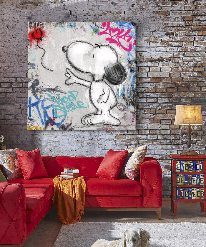 Tableau déco Snoopy et son ballon street-art style Banksy - Tableau Deco