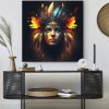 tableau deco portrait peinture femme indienne plumes traditionnelle