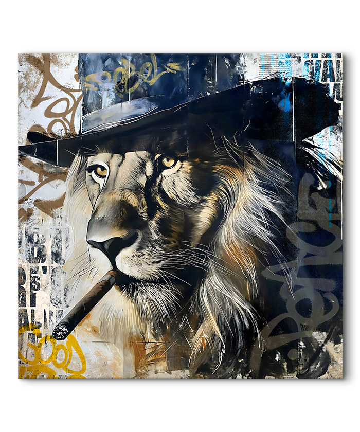 Tableau déco portrait lion cigare cowboy street art