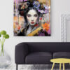 Tableau déco portrait femme asiatique geisha florale