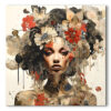 Tableau déco portrait femme fleurs ocres et rouges peinture