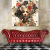 Tableau déco portrait femme fleurs ocres et rouges peinture
