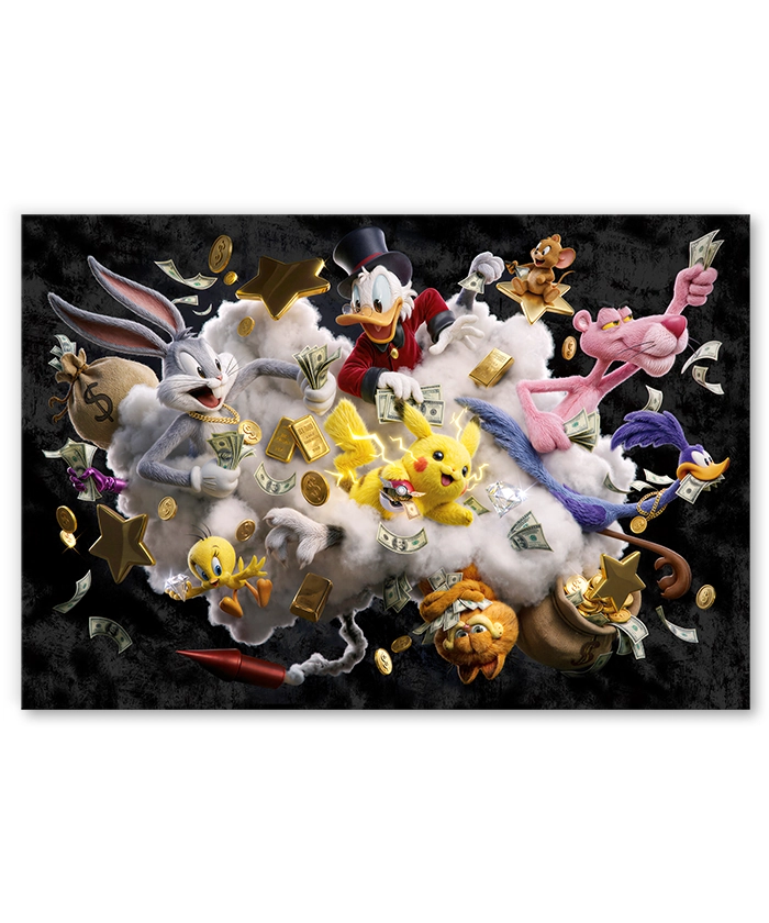 Tableau déco le grand braquage des cartoons toons bugs bunny picsou pikachu dollards billets
