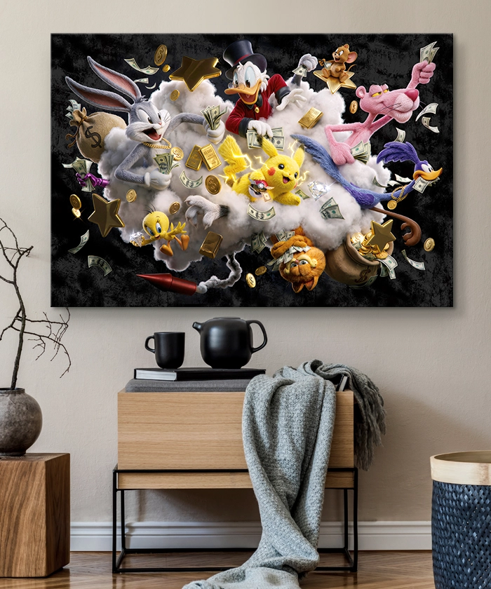 Tableau déco le grand braquage des cartoons toons bugs bunny picsou pikachu dollards billets