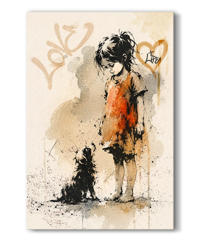 Tableau déco la petite fille et son chien Street Art Style Banksy graffiti peinture aquarelle