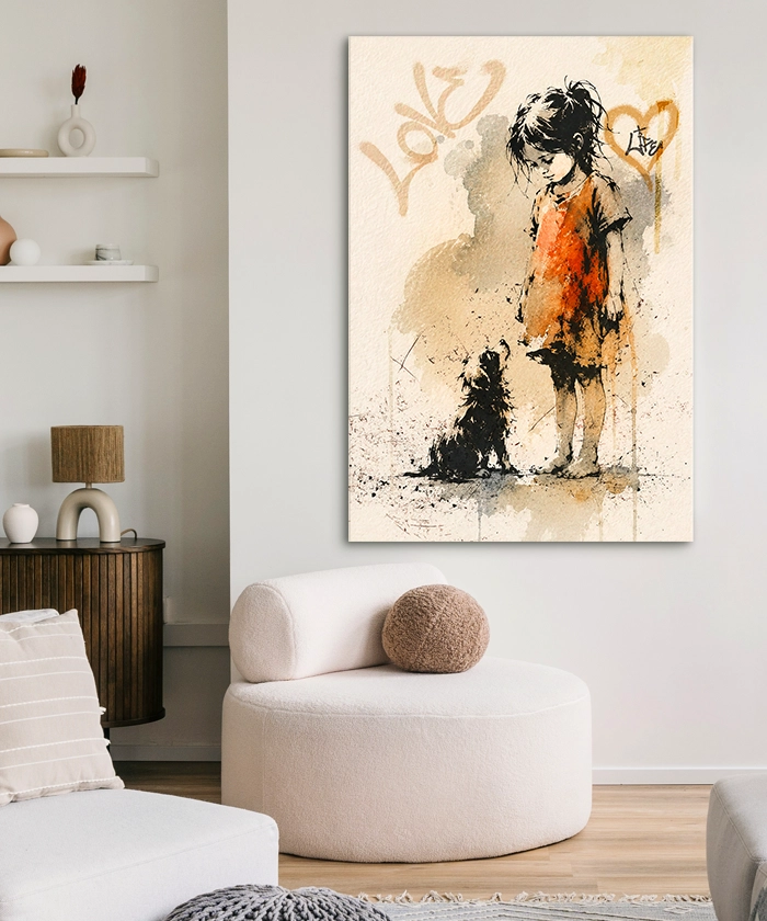 Tableau déco la petite fille et son chien Street Art Style Banksy graffiti peinture aquarelle