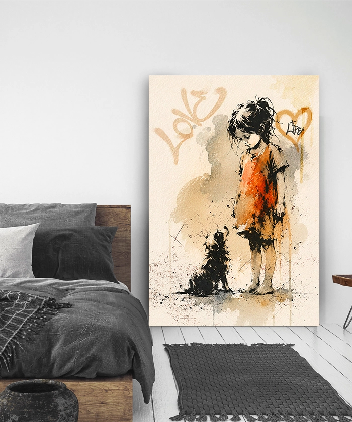 Tableau déco la petite fille et son chien Street Art Style Banksy graffiti peinture aquarelle