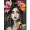 tableau decoratif portrait ethnique femme asiatique fleurs colorées et dorées