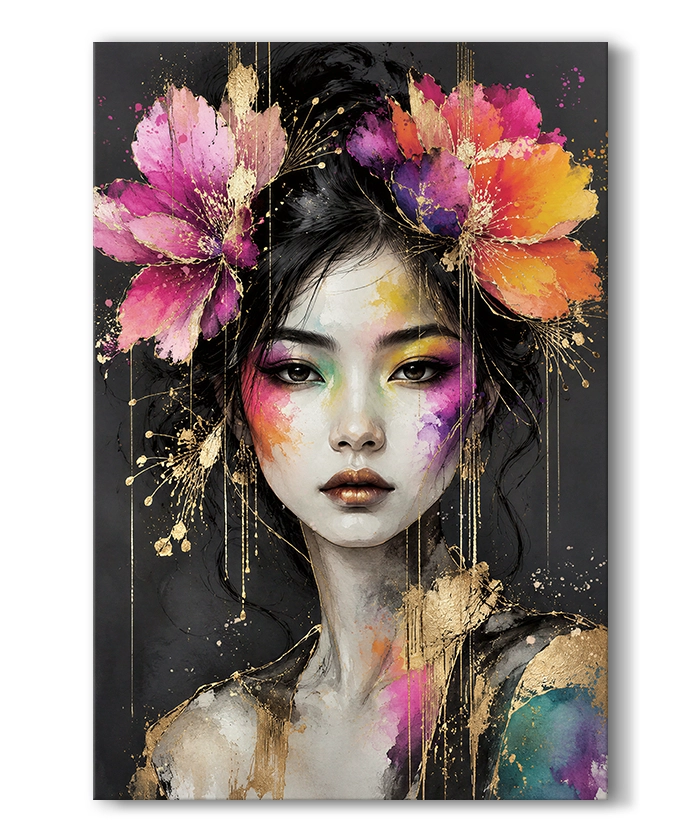 tableau decoratif portrait ethnique femme asiatique fleurs colorées et dorées