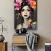 tableau decoratif portrait ethnique femme asiatique fleurs colorées et dorées