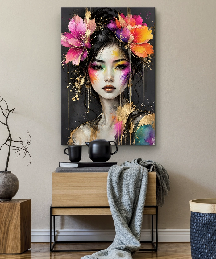 tableau decoratif portrait ethnique femme asiatique fleurs colorées et dorées