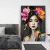 tableau decoratif portrait ethnique femme asiatique fleurs colorées et dorées