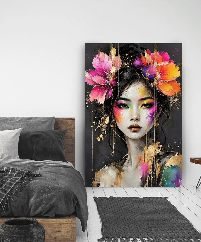 tableau decoratif portrait ethnique femme asiatique fleurs colorées et dorées